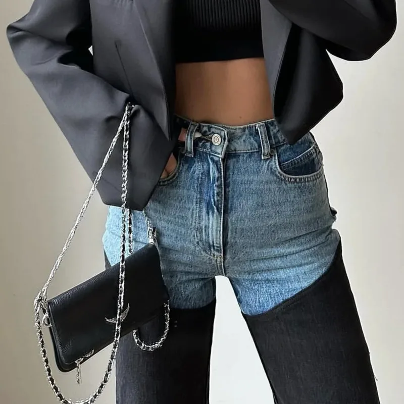 ANJY 2025 Wiosna Jesień Nowe Damskie Modne Jeansy Proste z Blokami Kolorów i Patchworkiem, Styl Uliczny, Casualowe, Postarzane Spodnie Denimowe A15988