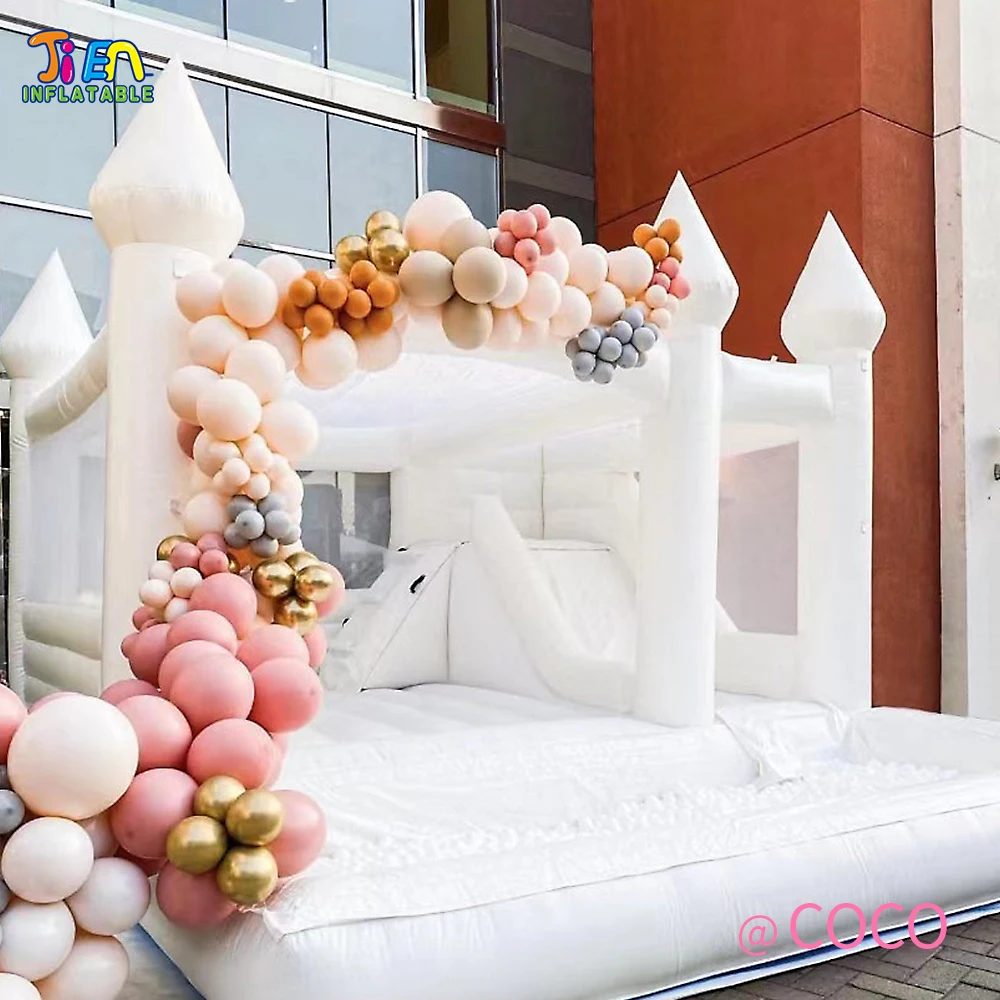 13x13ft inflatable white wedding bouncer house with slide and ball pit, kids moonwalk jumper house combo