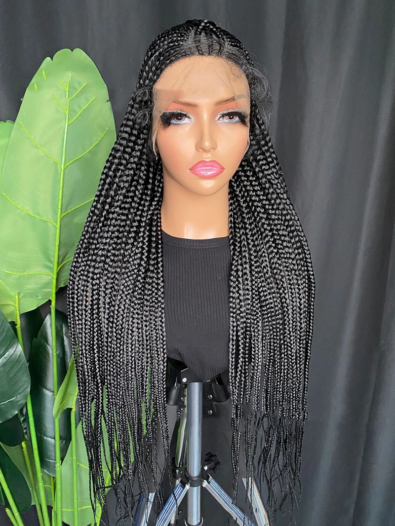 Hand Braided Box Braid Full Lace Wig For Women Ponytail Long Natural Black Braid Transparent Lace Wigs With Baby Hair 36 inch