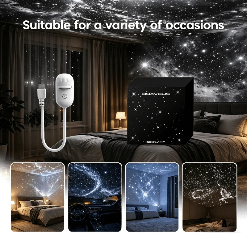 Proyector de luz HD 2 en 1 con diseño de cielo nocturno y estrellas, con películas deslizantes, alimentación USB, para decoración de dormitorio, efectos visuales dinámicos giratorios
