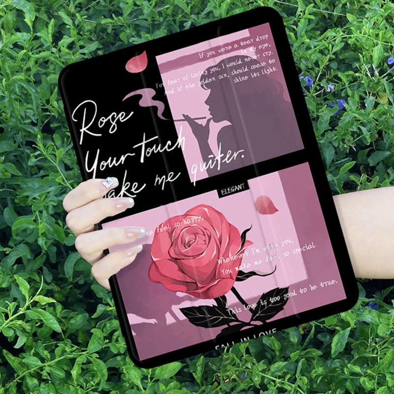 Smart Cover for IPad 5th Generation 9.7 Inch IPad 10th Gen Air 5th 4th 10.9 2020 Pro 11 IPad 10.2 7th 9th 8th Rose Illustration