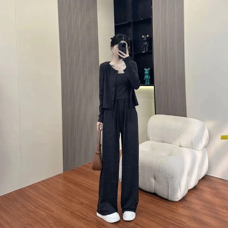 جديد الخريف بدلة رياضية رقيقة عارضة أزياء فضفاضة واسعة الساق السراويل سترة سترة ثلاث قطع مجموعة للنساء