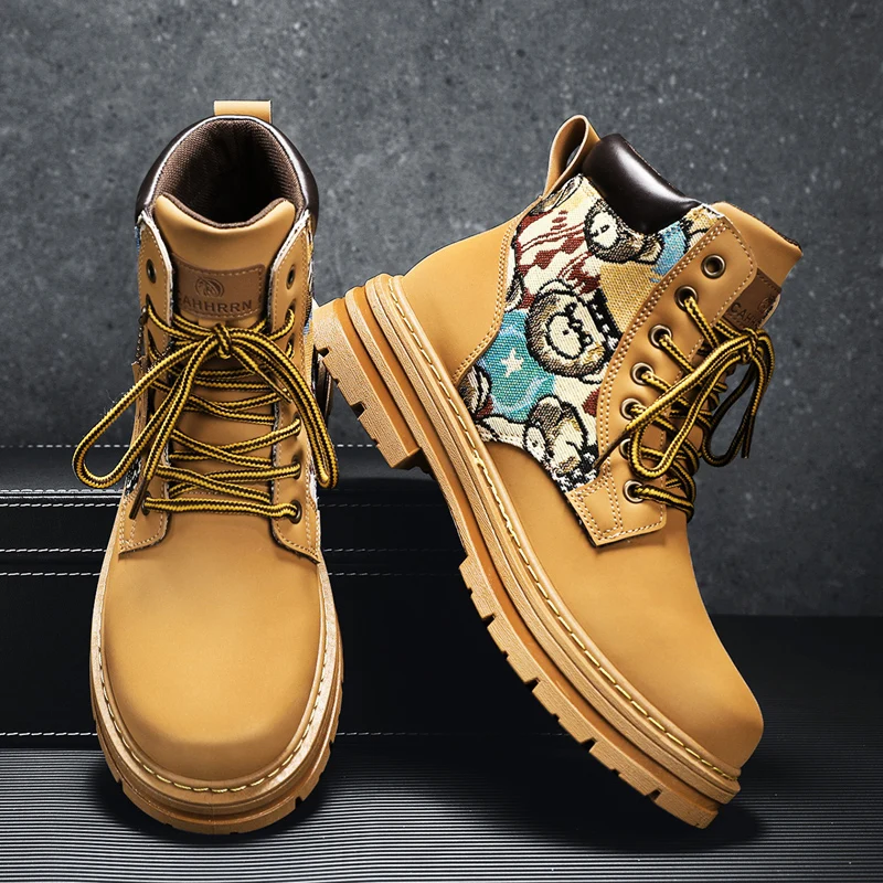 

Couples Yellow Men Motorcycle Boot 2025 Comfortable Pu Leather Ankle Boots For Women Fashion Print Outdoor Boots Men Work Boots