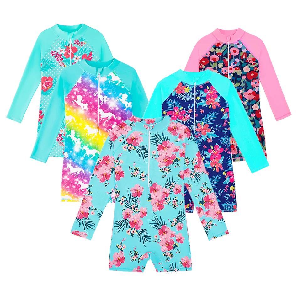 

Girls' Long Sleeved Swimsuit Unicorn Print Girl Beach Vacation Sun Protection Clothing Kid Water Sports Quick Drying Swimsuit