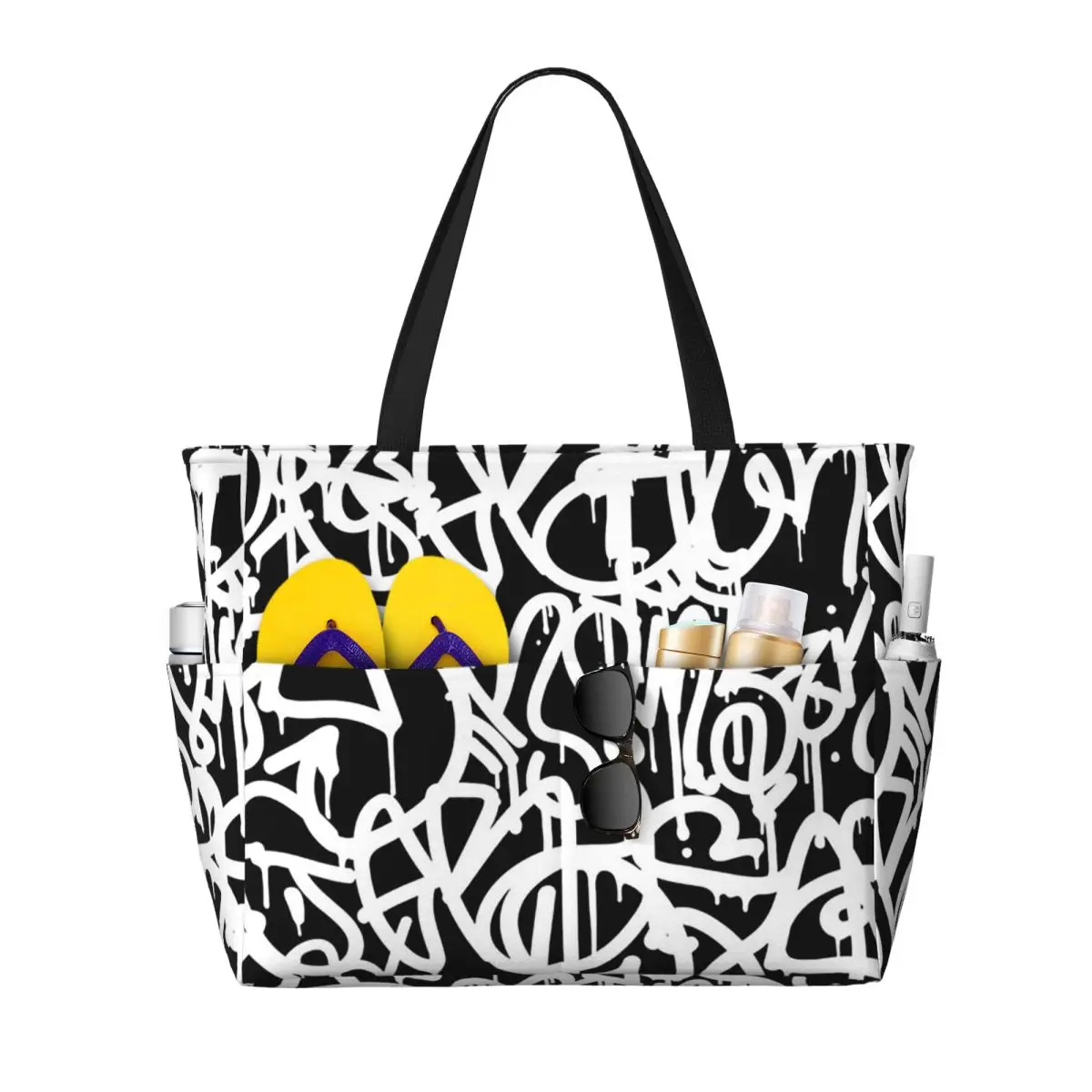 Black And White Graffiti Beach Tote Bag Sport Gym Yoga Duffle Large Tote Bag Women Travel Bag Fitness bag