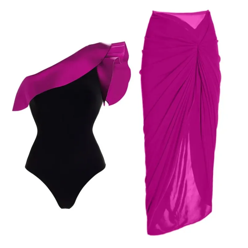 One Piece Swimsuit For Women Europe America One-piece Swimsuit Ruffle Edge Single Shoulder Contrasting Colo