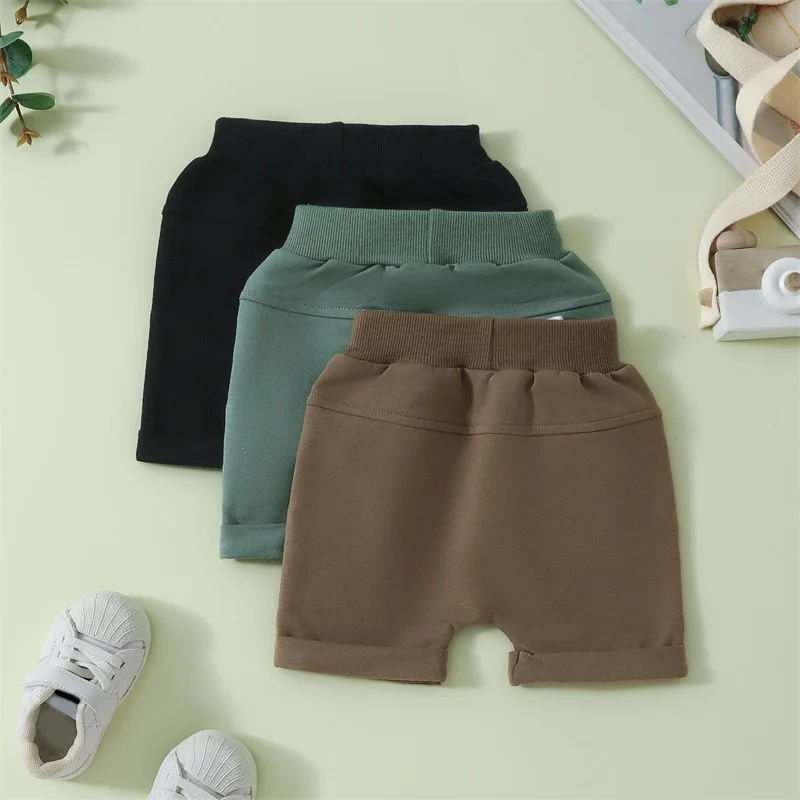 Conjunto infantil de 3 peças para crianças, verão, cintura elástica, shorts de cor sólida, corredores para meninas, calças curtas casuais para bebês