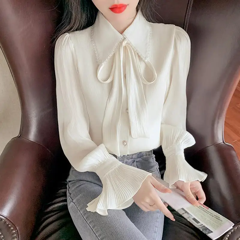 

Sweet Peter Pan Collar Flare Sleeve Lace Up Folds Long Sleeve Chiffon Shirt Elegant Loose Women's Clothing Office Lady Blouse