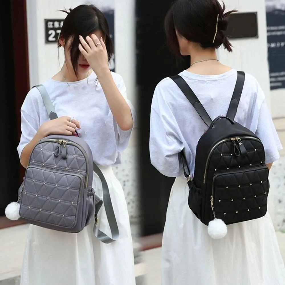 

Casual Classic Grid Shoulder Bag Rivet Vintage Women Backpack Multiple Pockets Elegant Nylon Travel Bag School Use
