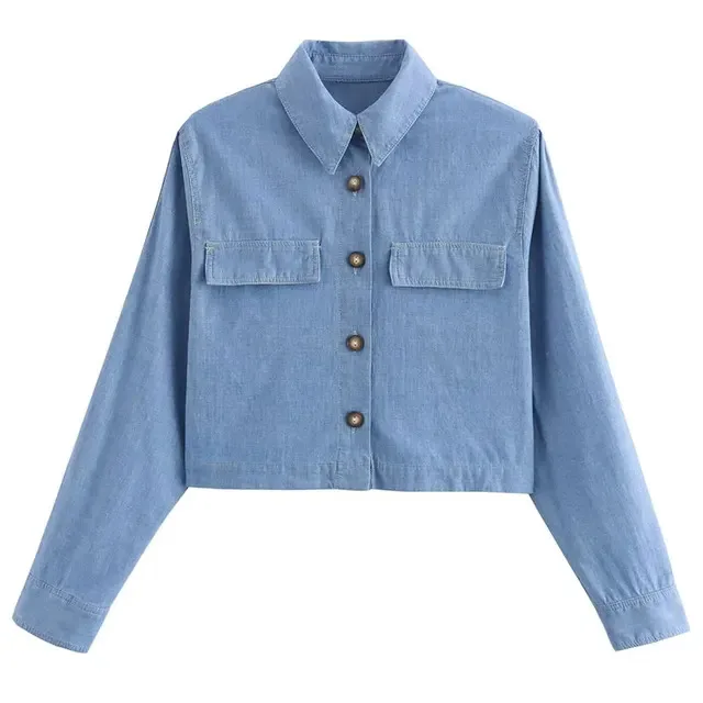 

BabYoung 2024 Blouse For Women Fashion Imitation Denim New Turn-Down Collar Slim Cropped Tops Female Versatile Women's Shirt Top