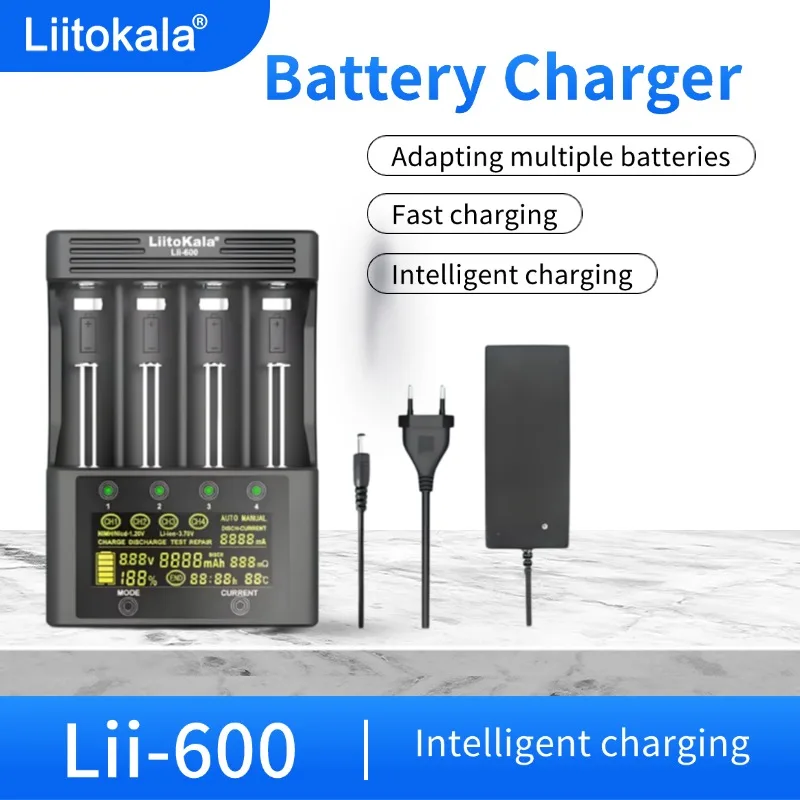 

LiitoKala Lii-600 LCD Display Battery Charger For 3.7V 1.2V 18650 26650 21700 26700 AA AAA Test battery capacity