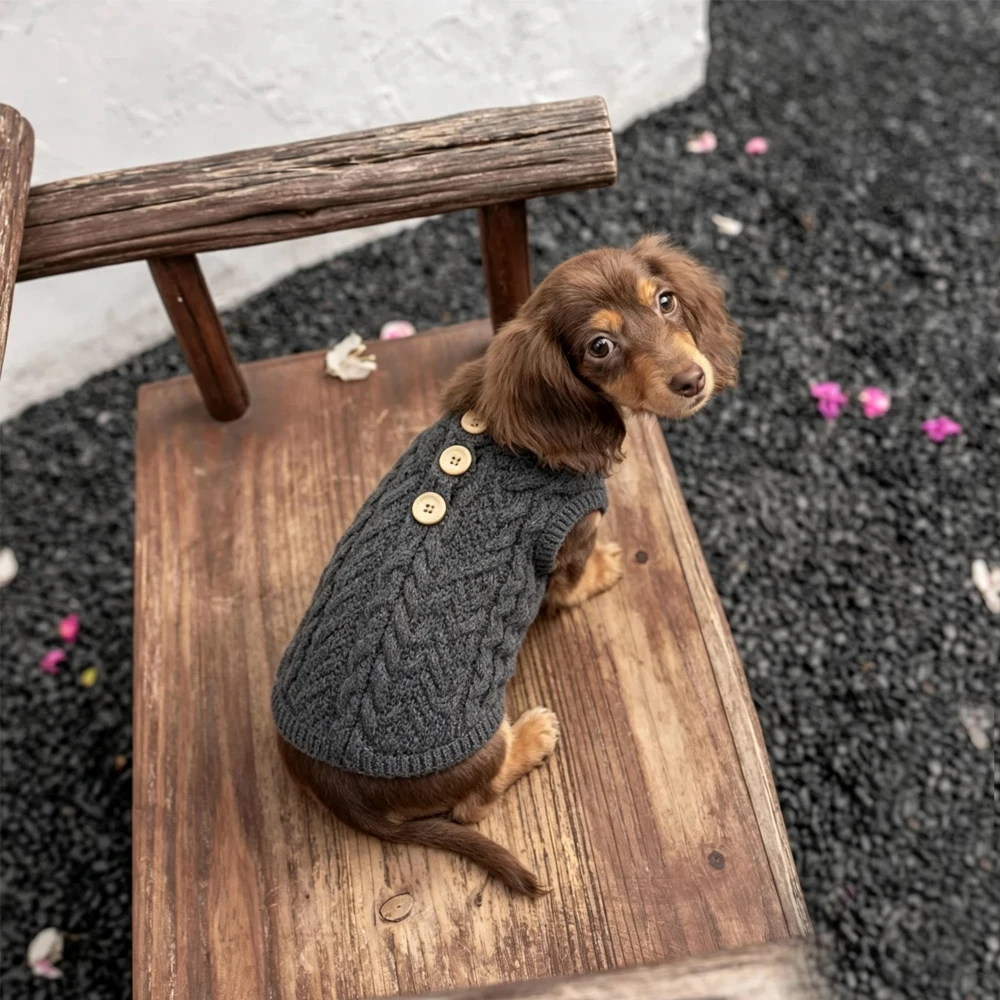 Winterkorte mouwen gebreide trui voor kleine teckelhonden, zacht warm grijs vest voor teckelhonden.