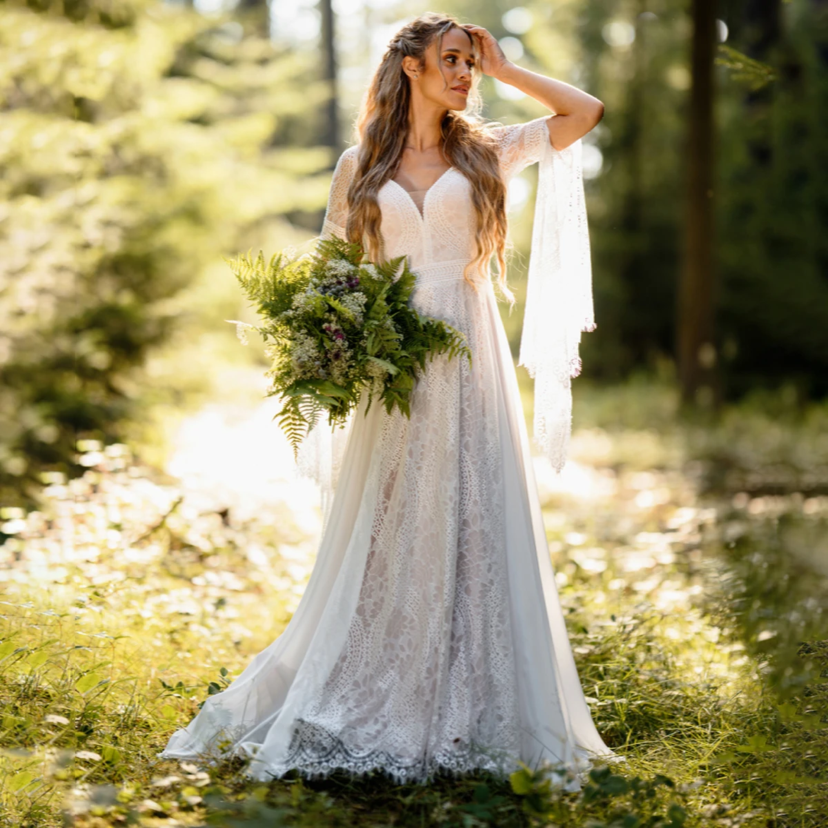 Long Flared Sleeves Boho V Neck Wedding Dress Backless Personal Tailor Customized Garden Soft Lace Chiffon Elegant Bridal Gown