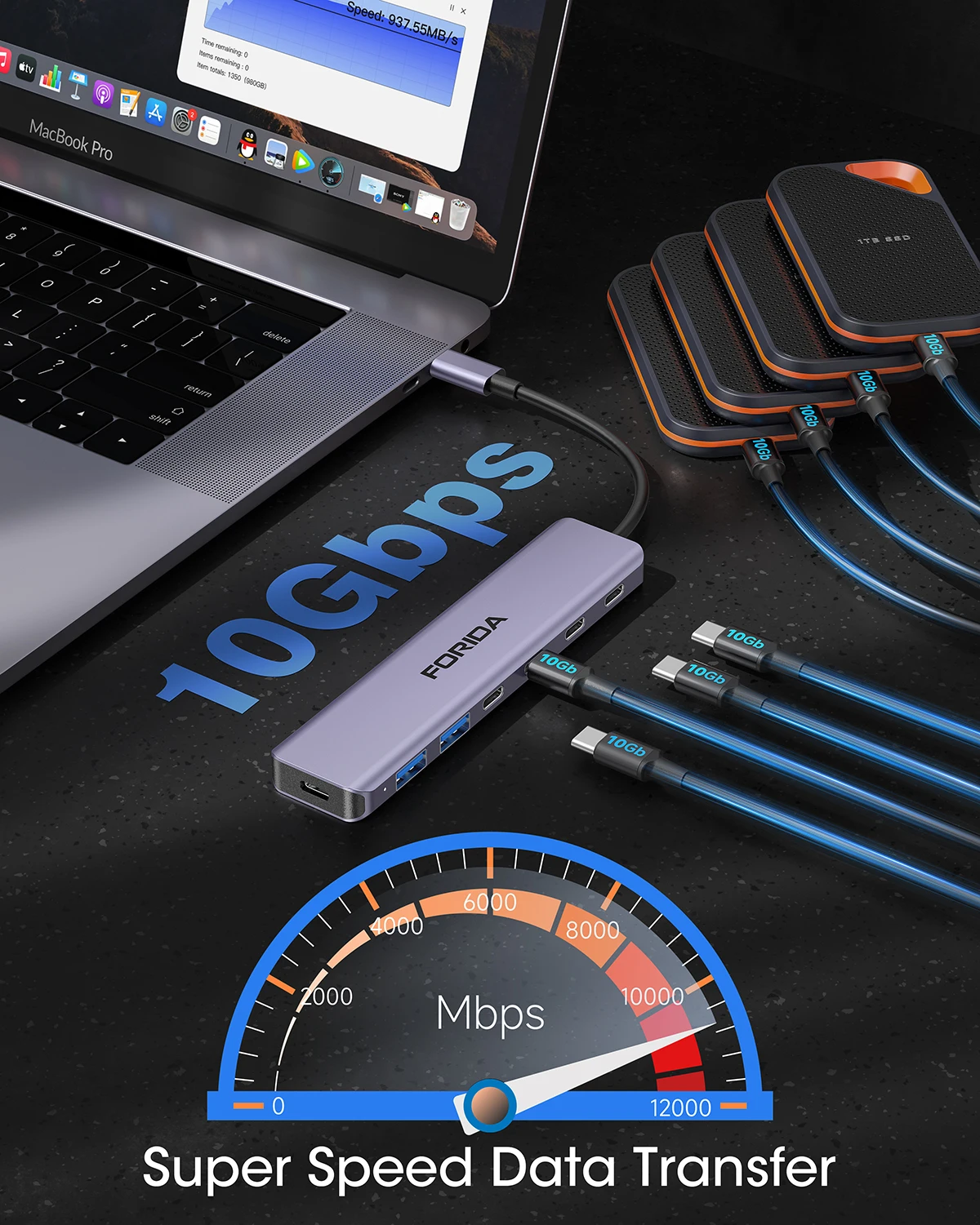 Forida USB C Hub 10Gbps USB C Splitter 100W Power Charging USB 3.2 Gen2 Adapter for Laptop MacBook Desktop Tablet PC SmartPhone