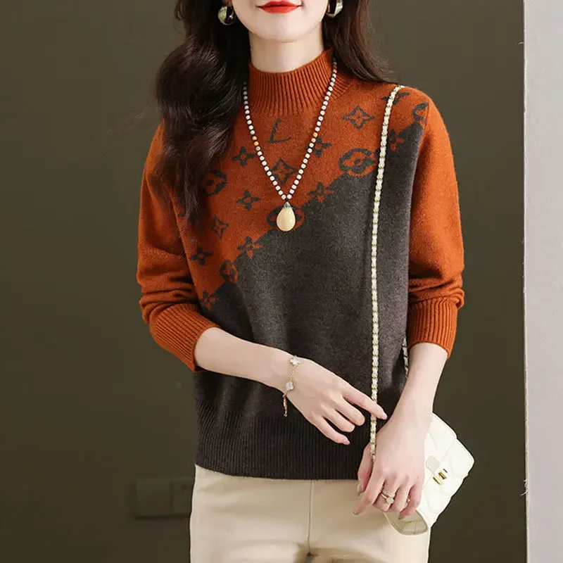 Half Turtleneck Sweater for Women Autumn Winter 2024 New Mother\'s Wear with Jacquard Casual Loose Pullover Top Bottoming