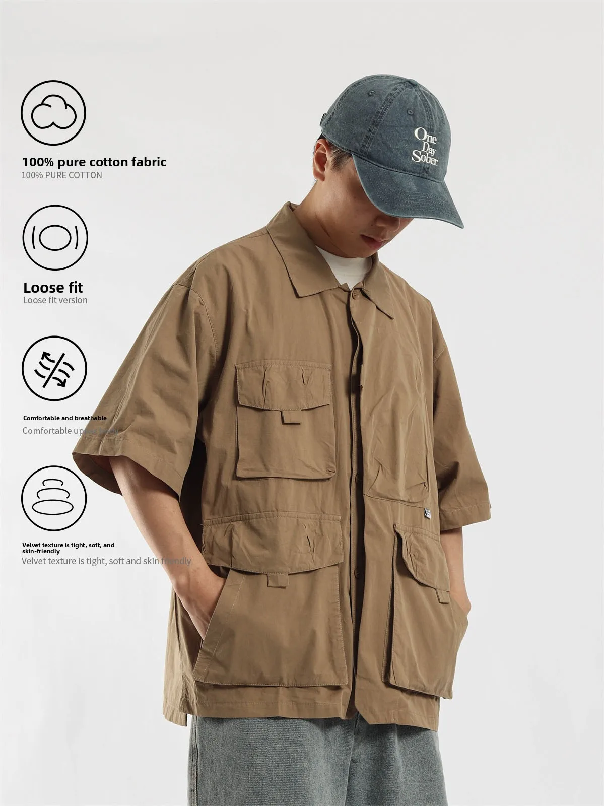 Loose Fit Cuban Collar Short Sleeve Workwear Shirt Unisex Outdoor Cityboy Style Breathable Summer Shirt Youth Fashion