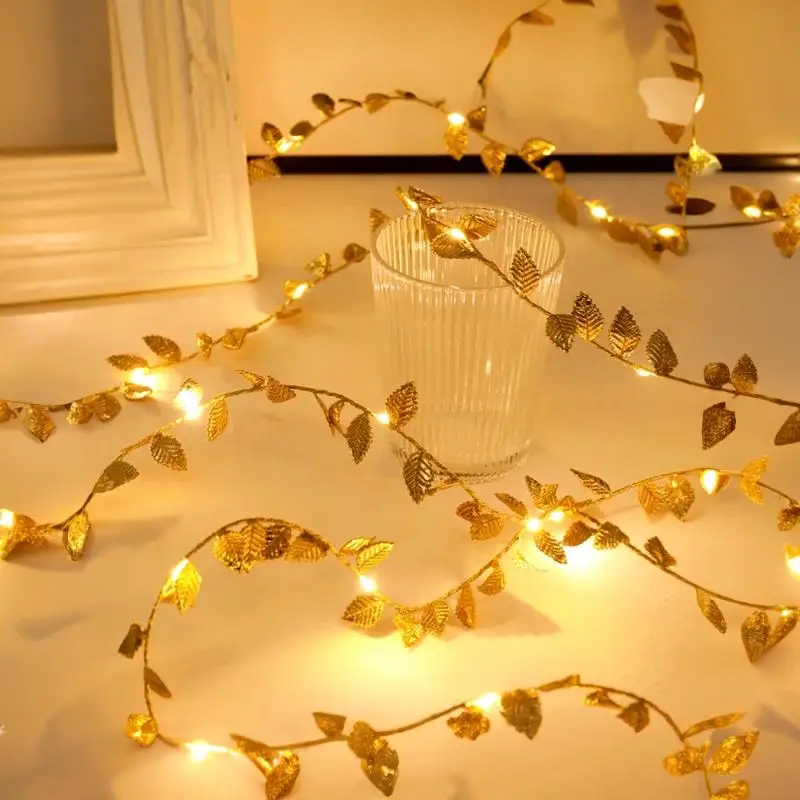 

1PC 2M 20LED Golden Tiny Leaves Fairy Light Battery Powerd Led Copper Wire String Lights For Wedding Home Party Xmas DIY Decor