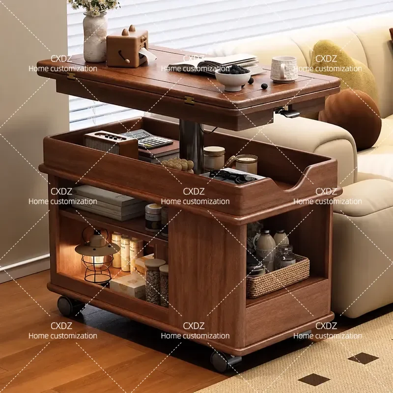 All Solid Wood Walnut Foldable Lifting Coffee Table Movable Sofa Side Cabinet Multi Functional Trolley Side Table