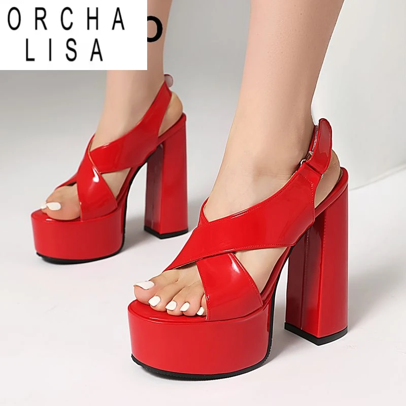 

ORCHA LISA Модные женские блестящие сандалии с открытым носком на блочном каблуке 14 см на платформе 4,5 см на липучке, большие размеры 41 42 43 Сексуальная обувь для свиданий
