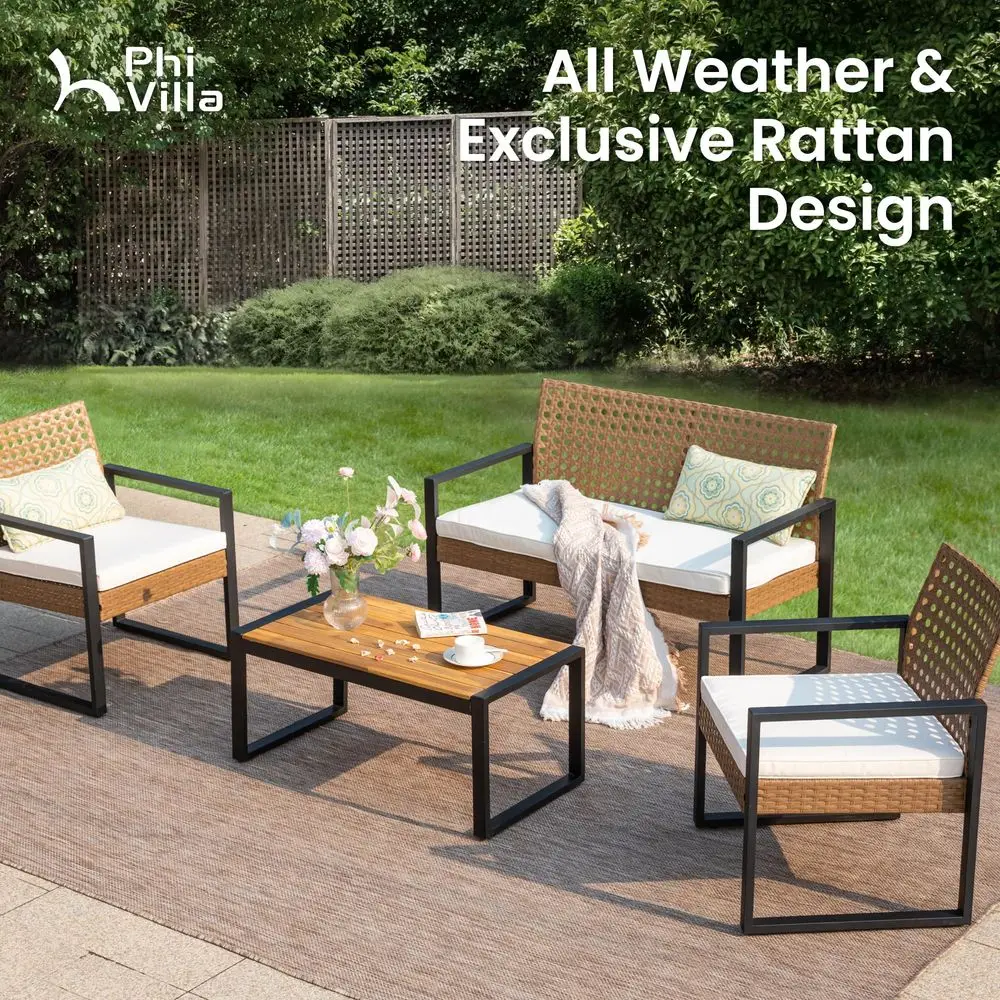 

Patio Wicker Furniture Set for 4, Brown Rattan Loveseat amp Chairs with Beige Cushions amp Acacia Wood Coffee Table, Outdoor Co