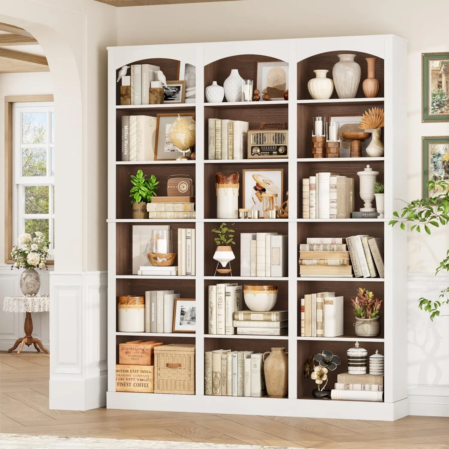 Estantería Triple de 71 Pulgadas de Ancho, Librería Alta de 6 Niveles, Librería Grande con Panel Curvo, Estantería de 63.4 Pulgadas de Ancho con 18 Compartimentos, Personalizada