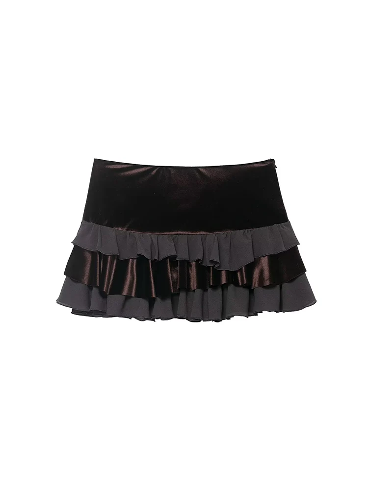 

European and American style 2025 winter new arrivals women's clothing low-waisted layered decorative patchwork mini skirt