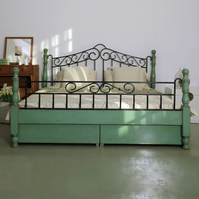 

Antique painted old wedding bed, double bed, solid wood, 1.8-meter elm wood