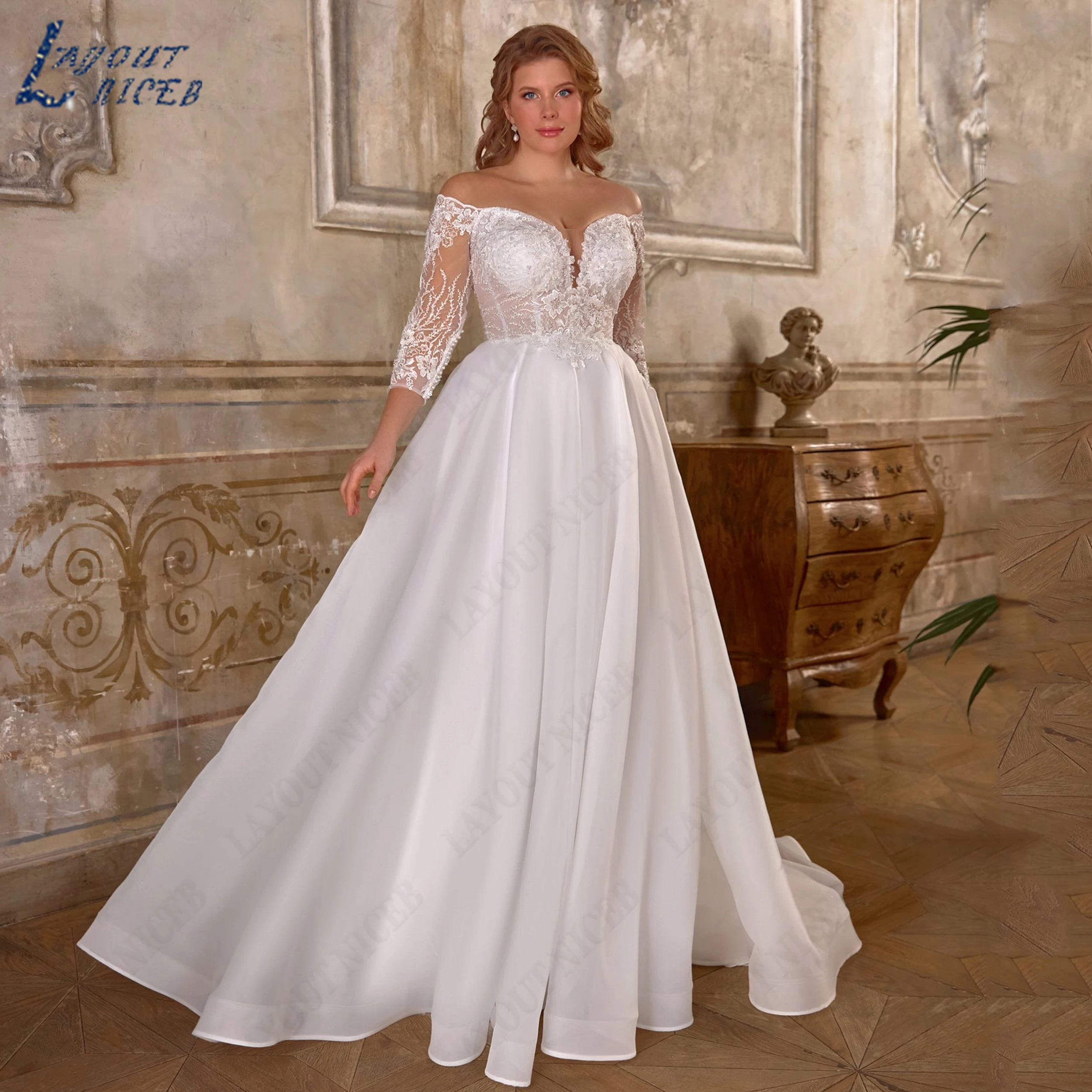LAYOUT NICEB A‑Line Plus Size Wedding Gown Three Quarter Sleeve Bridal Dress Sweetheart Neck Organza Bride Gowns Customized
