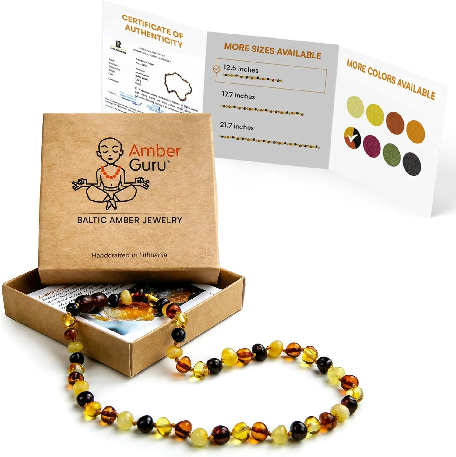 

Ожерелье из балтийского янтаря Amber Guru (подлинное, сертифицированное) - 12,5 дюймов - Унисекс украшение - Полированные бусины из натурального янтаря - Proud to D