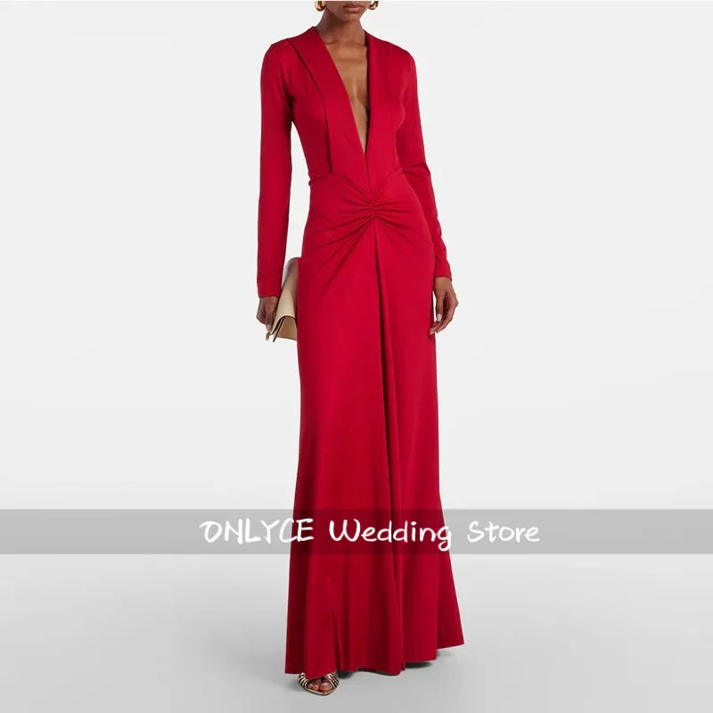Robe de soirée rouge moderne, col en V, gaine, longueur au sol, robe de soirée formelle, plissée, robe de bal, manches longues, robe saoudienne