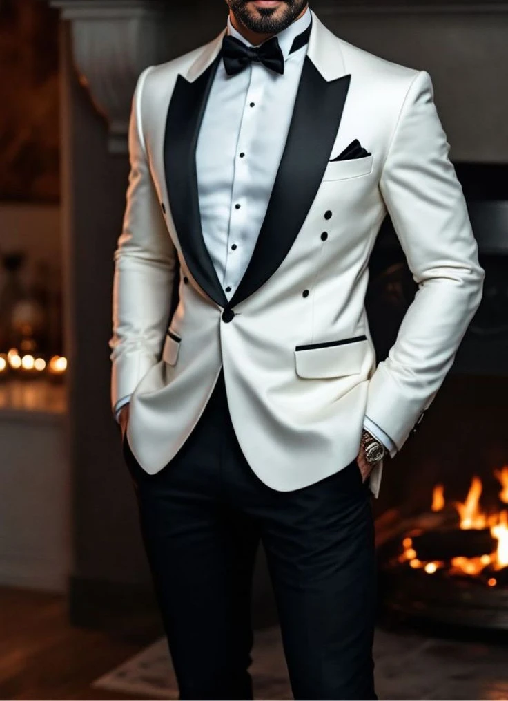 

Men White Black Lapel Double Breasted Tuxedo Jacket Formal Wedding Suit Blazer Business Dinner Party Prom Tuxedo Coat For Groom