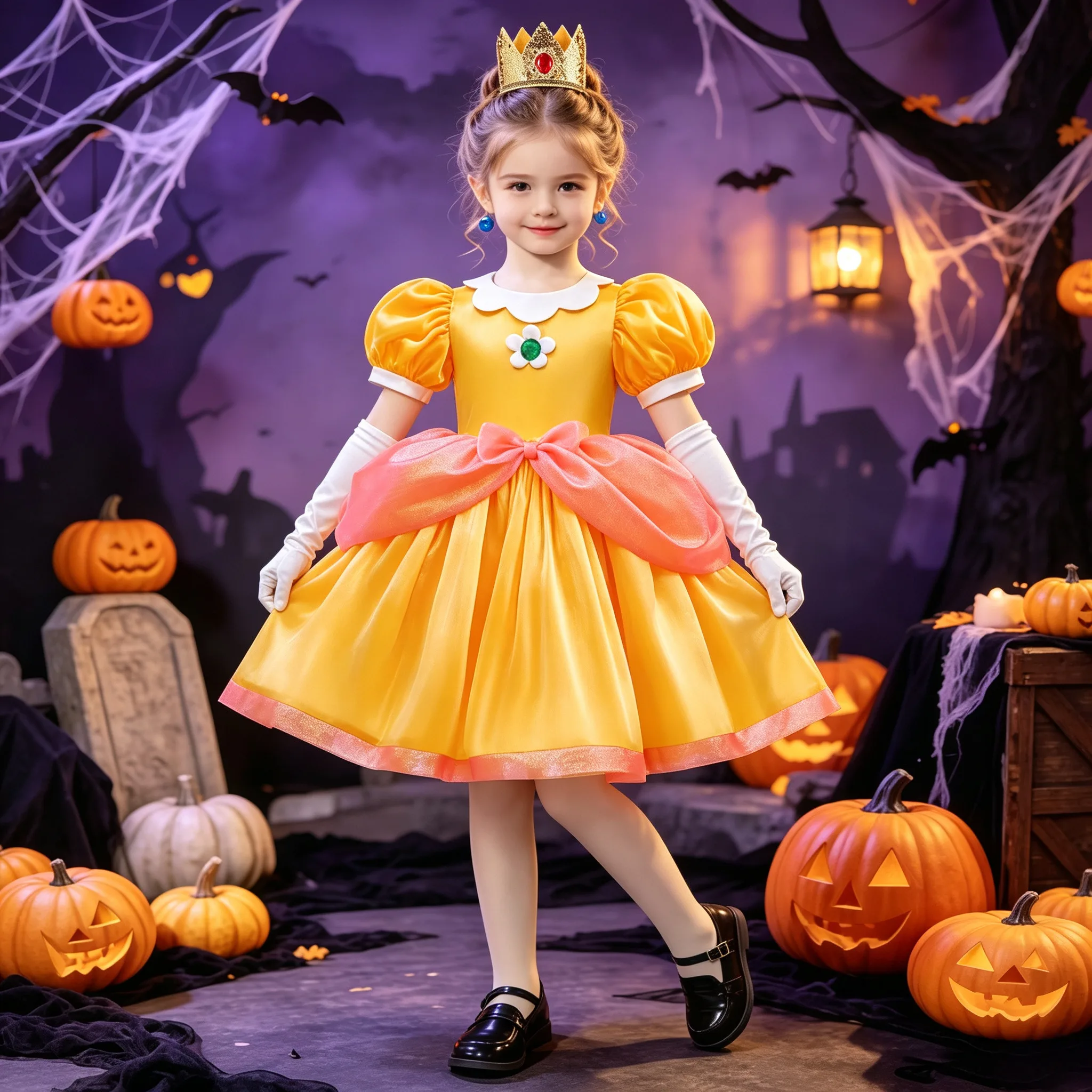 Girls Peach Yellow Princess Costume Dress With Headwear Funny Game Movie Kids Performance Party Halloween Carnival Outfits