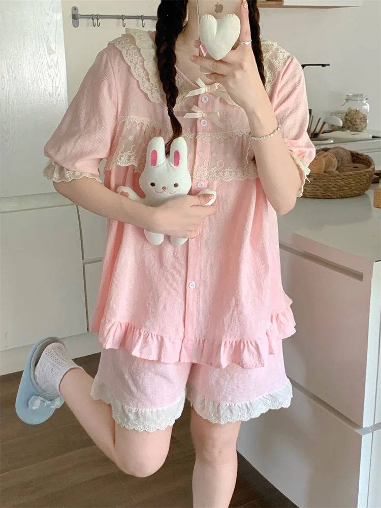 

New Home 100%Cotton Lace Kawaii Sweet Simple Summer Short Sleeve Pajama Set Women Loose Single Breasted Vintage Sleep Tops Ins