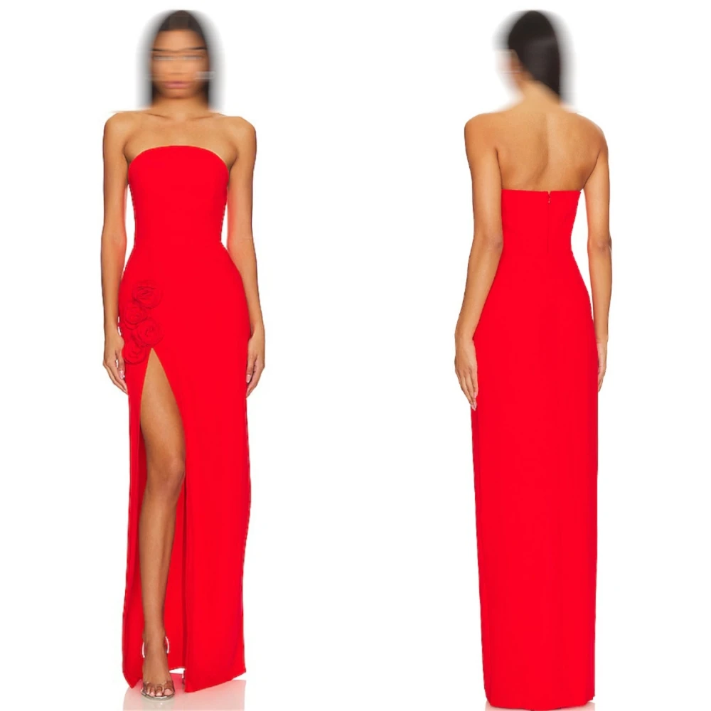 Customized Elegant Jersey Strapless Evening Dress Delicate Flowers Prom Dresses Temperament Sleeveless Special Occasion Gowns
