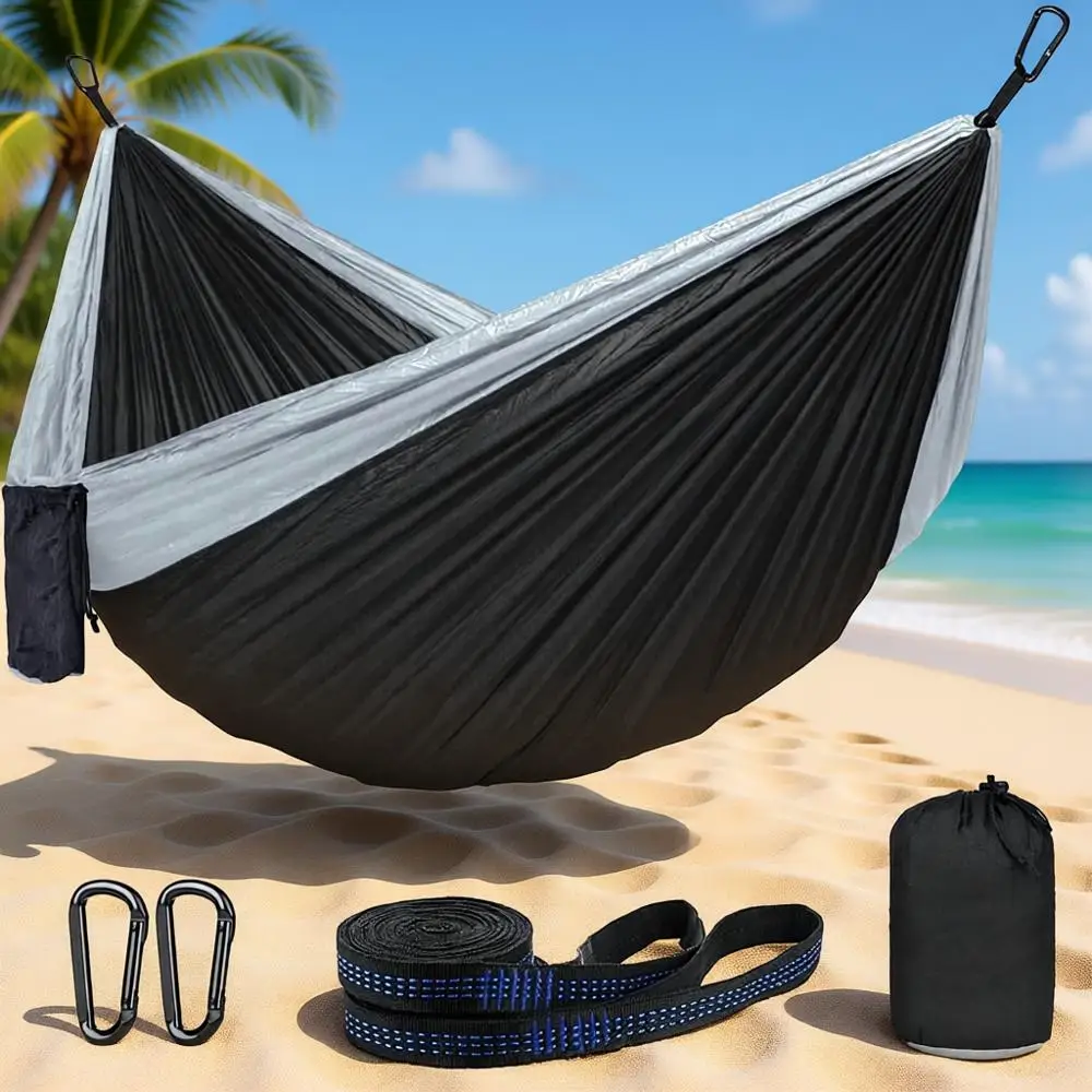 

Гамак для походов и кемпинга – легкий, из нейлона 210D, односпальный/двуспальный, для путешествий и использования в саду (черный/серый)