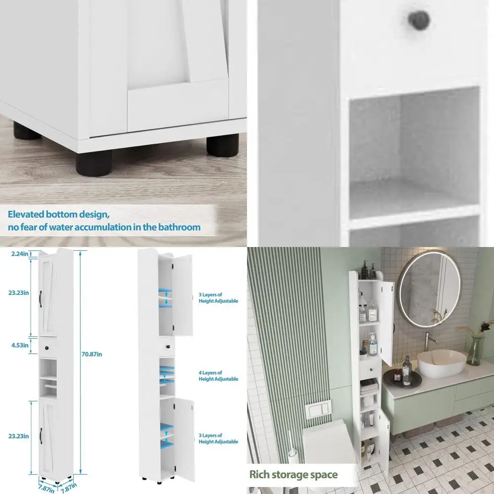 

Compact White Bathroom Storage Cabinet with Adjustable Shelves, Retractable Paper Holder & 8 Compartments