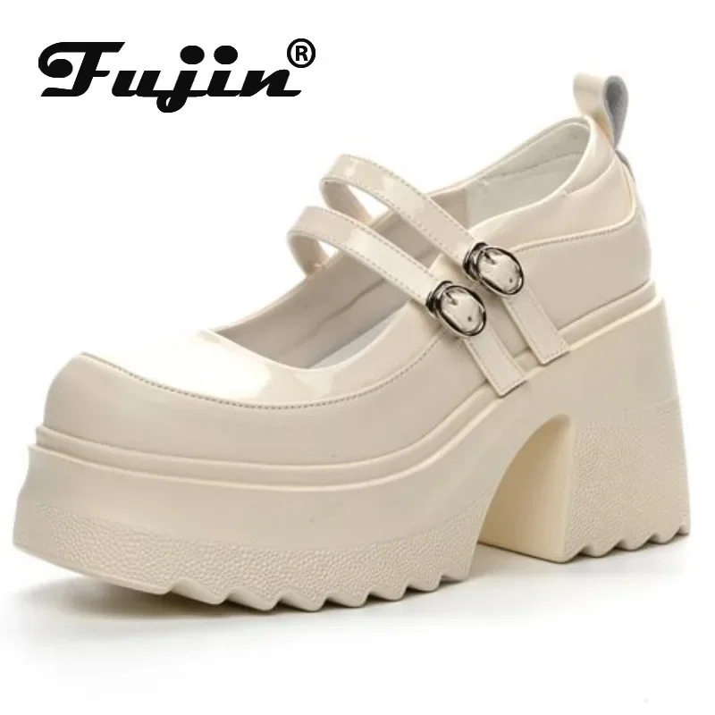 

Дышащие туфли-лодочки из лакированной кожи Fujin 10 см, модные ботильоны Мэри Джейн на массивном каблуке с пряжкой на платформе, осень-лето, весенняя обувь