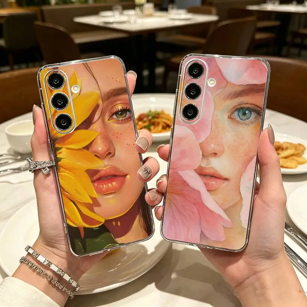 Digital Painting Art Flowers Girl Clear Phone Case for Samsung A71, A70, A52, A51, A40, A30, A20
