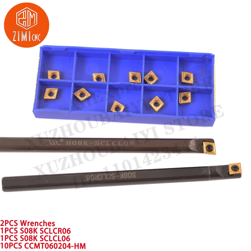 2PCS S08K SCLCR06 kanan + S08K SCLCL06 kiri 8mm Pemegang Bubut +  10PCS CCMT060204-HM Sisipan Karbida CNC alat pemotong bubut logam