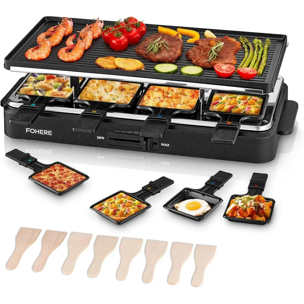 

2-in-1 Indoor Raclette & BBQ Grill, 1500W Electric Griddle with Non-stick Plates, Adjustable Temp, 8 Paddles for Parties