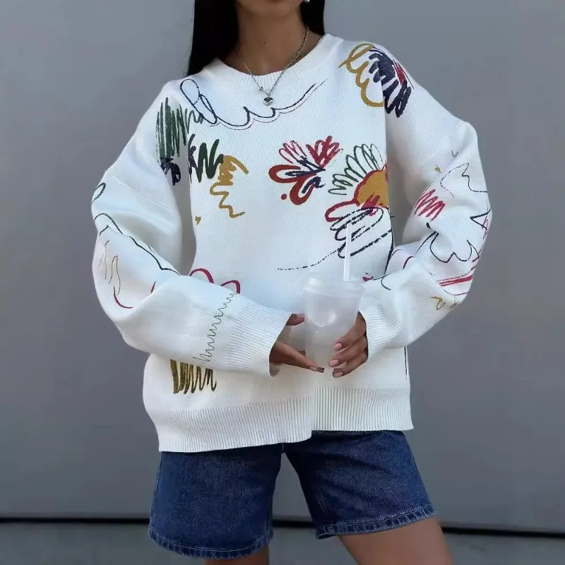 Damski sweter żakardowy w nowym, niszowym kolorze na jesień 2025, okrągły dekolt, dzianinowy pulower, odzież damska.