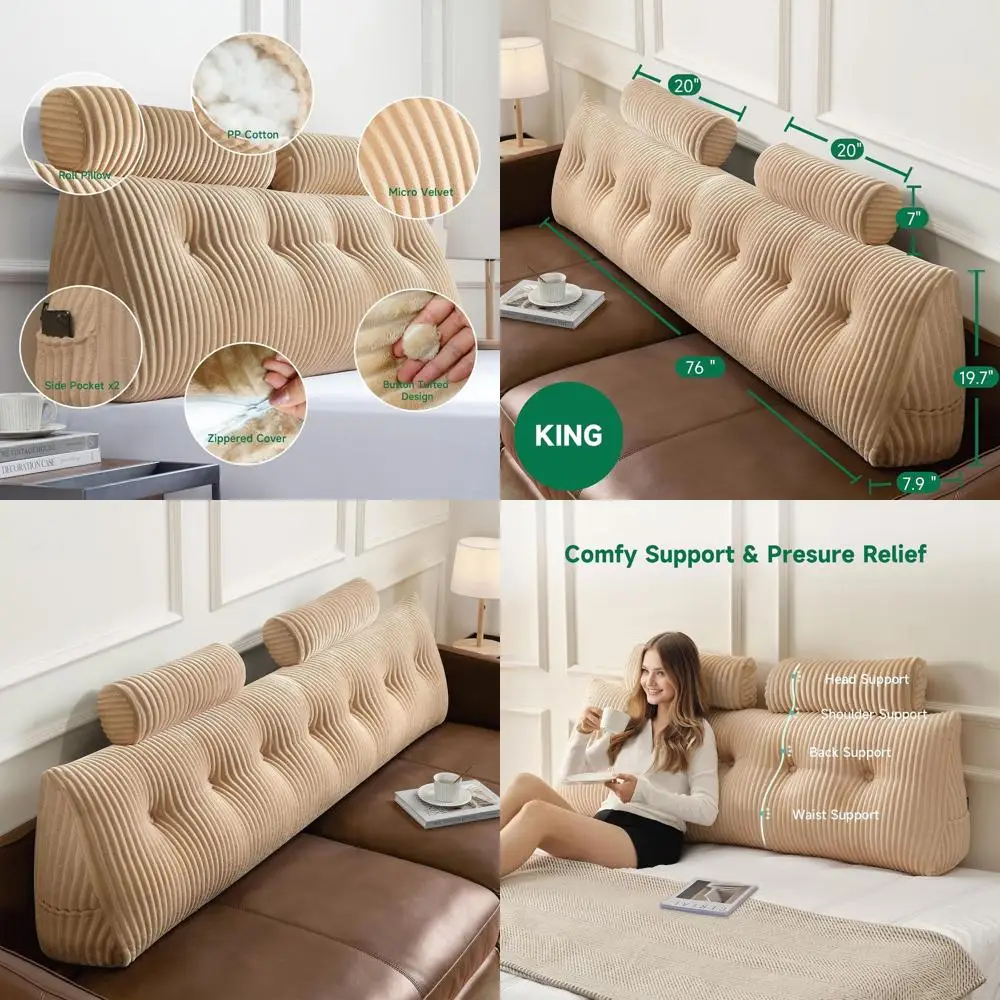 Cabecero de almohada de lectura triangular tamaño King, color beige, con almohada enrollable para sentarse en la cama y comodidad para dormir