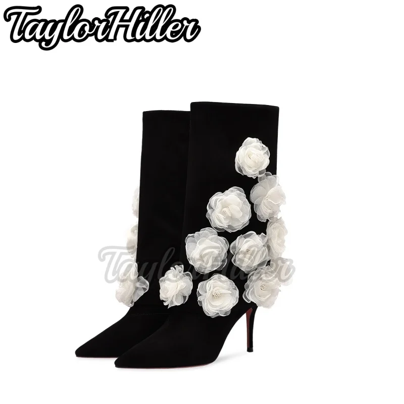 

Multi Mesh Flower Mid-calf Boots Pull On Slip On Botas Side Zip Stiletto Blossom Autumn Winter Short Booties Black Suede Shoes