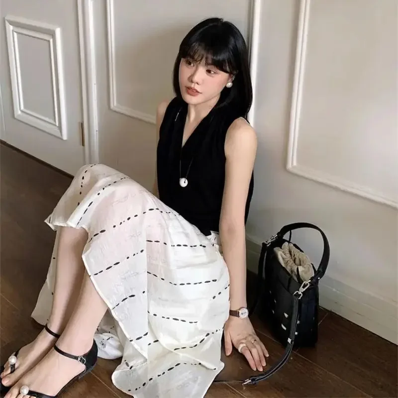 ฤดูร้อนใหม่ภาษาฝรั่งเศสคํากระโปรงผู้หญิงวินเทจแฟชั่นลายพิมพ์สูงเอว Casual หลวม A-Line Midi กระโปรง Elegant Jupe