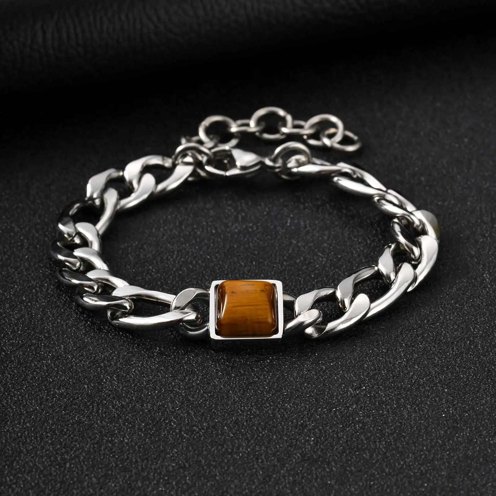 Square Tiger Eye Natural Stone Bracelet for Men, Adjustable Stainless Steel NK Chain Charm Bracelet, Fashion Jewelry Gift