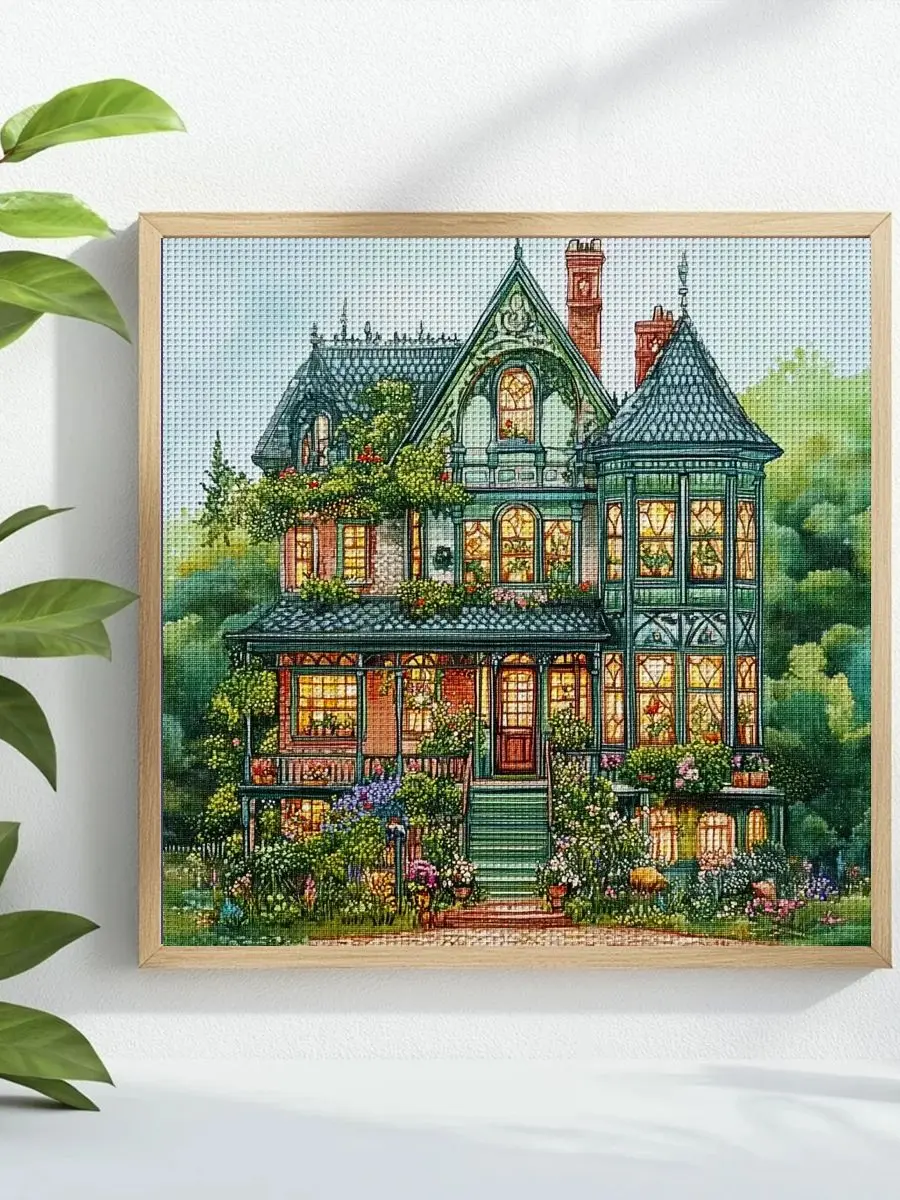 1 Stück 40x40 cm/15,74 Zoll Kreuzstich-Set mit Hausmotiv, DIY-Set 11CT/14CT, DIY-Stickset, Kreuzstich-Set zur Wanddekoration – Detail 1