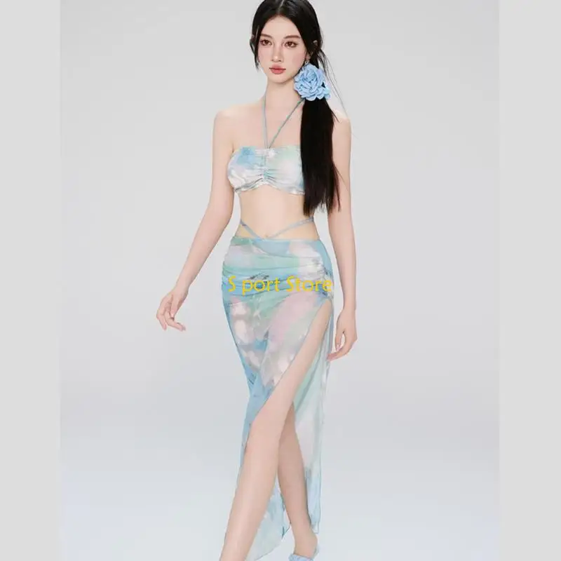 U2JB 4 قطعة ملابس السباحة للنساء رفع لباس سباحة بأكمام طويلة ملابس السباحة مع المحاصيل الأعلى وتنورة الشاطئ الإناث ثوب السباحة