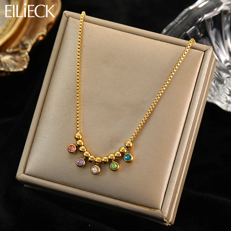 EILIECK 316L Edelstahl Halskette mit farbigen Zirkon-Kristallen und Perlen für Damen, hochwertiger rostfreier Halsschmuck, Geschenk für Mädchen – Detail 14