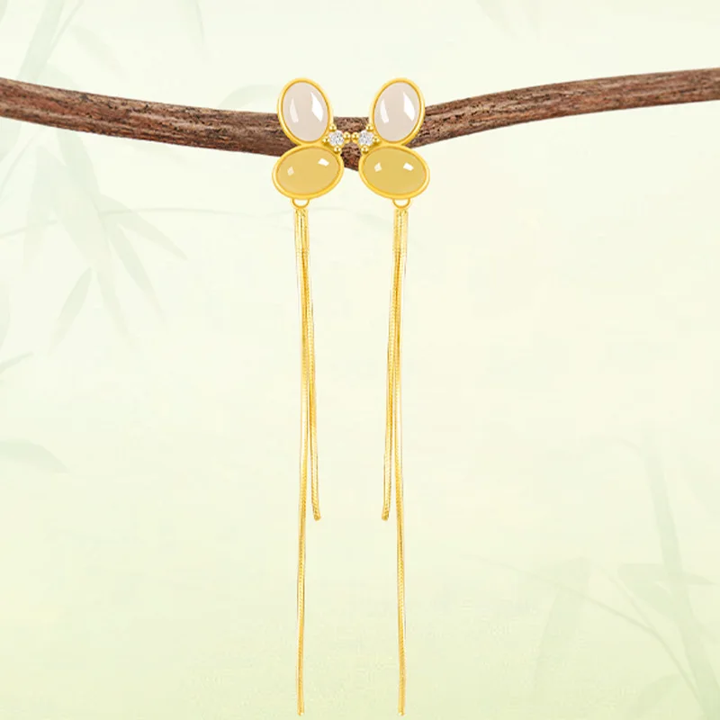 Natural Old Material Hetian Women, S925 Silver Inlaid With Jade, Elegant Earrings