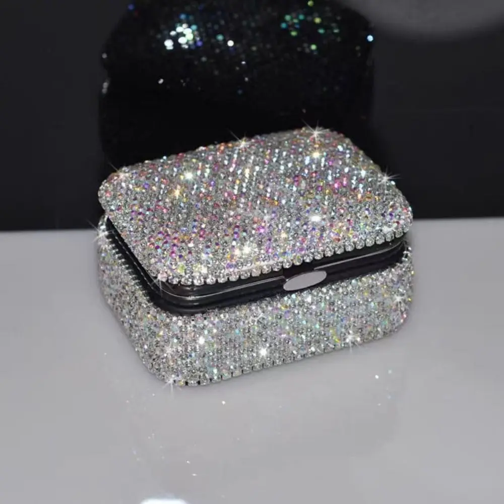 

Bling Mini Jewelry Box with Mirror Luxury Rhinestone Necklace Storage Case Minimalistic Square Diamond Jewelry Box